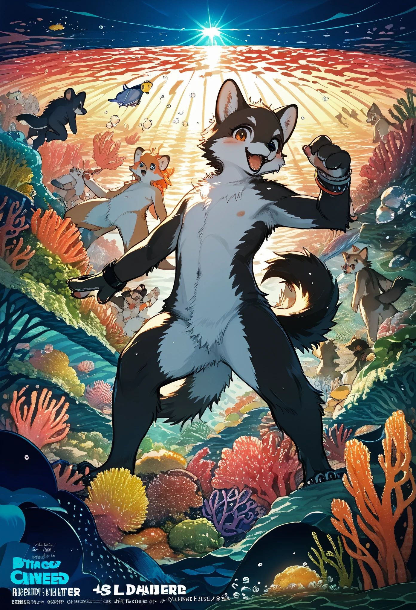 cover_page, High resolution, highest quality, highest quality, Paid reward available, High-quality illustrations, An unparalleled masterpiece, Perfect artwork, Absurd, 超High resolution, Detailed Background, seabed, Coral Reef, bubble, boy, girl, Happy, Joyful(kemono, Furry Personification),genitals，