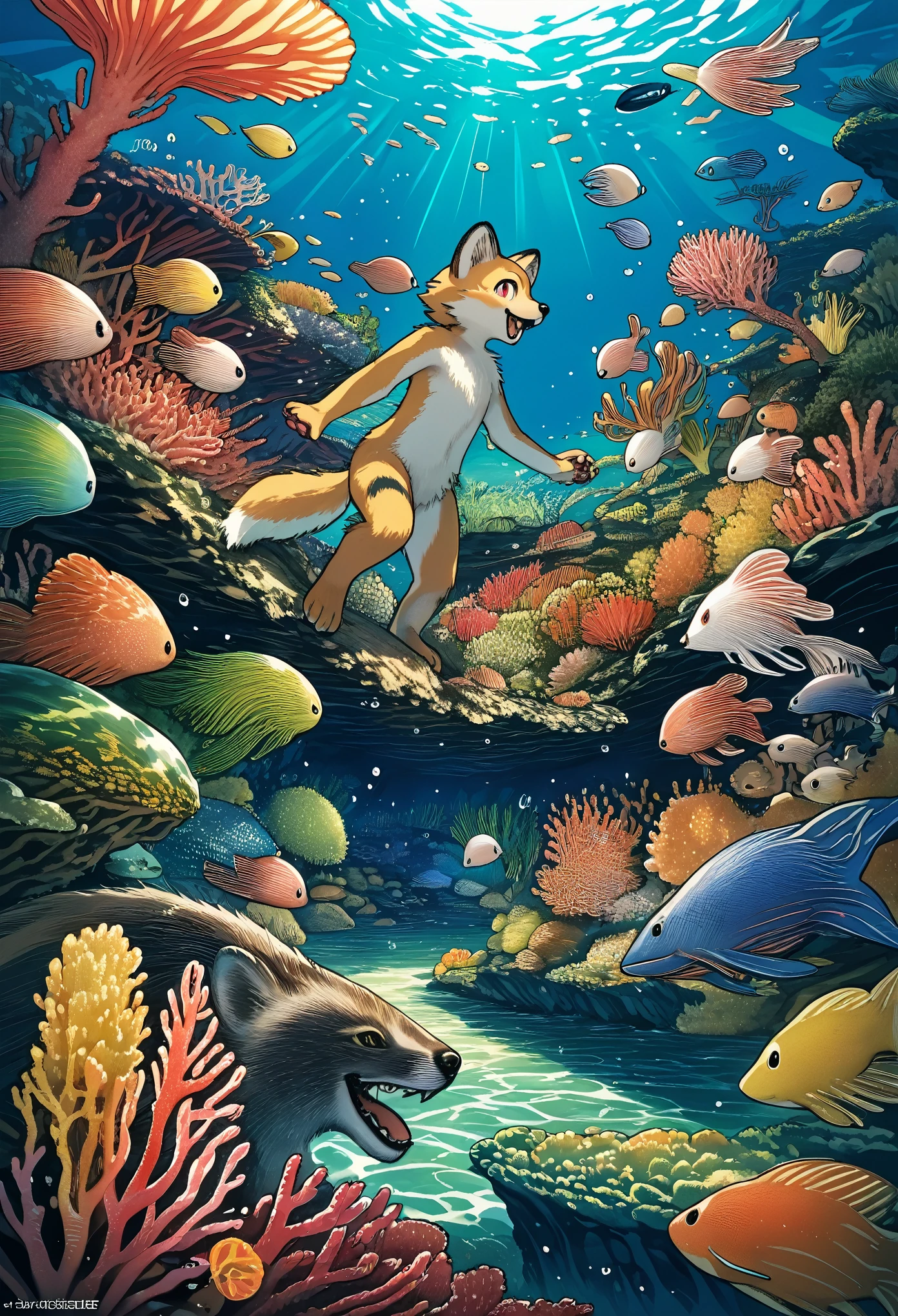 cover_page, highres, top quality, best quality, paid reward available, High-quality illustrations, unparalleled masterpiece, perfect artwork, absurdres, super high resolution, detailed background, Seabed, Coral reef, Bubble, 6+boys, 6+girls, Happy, joyful(Photos of solo travelers)(kemono, furry anthro),