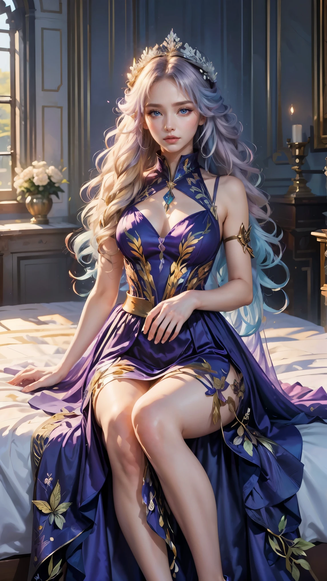 Best quality, masterpiece, ultra high res, raw photo, beautiful and aesthetic, deep shadow, fairy theme,(ultra detailed:1.3),
1girl, sitting pose, flower headdress, drill hair, long hair, blonde hair, gradient hair, yellow eyes, solo, huge breasts, big hair, blue hair, divine goddess, looking at viewer, indoors, queen bedroom, empress bed, room full of curtain, astraea, full body, purple dress, fairy dress, transparant dress,