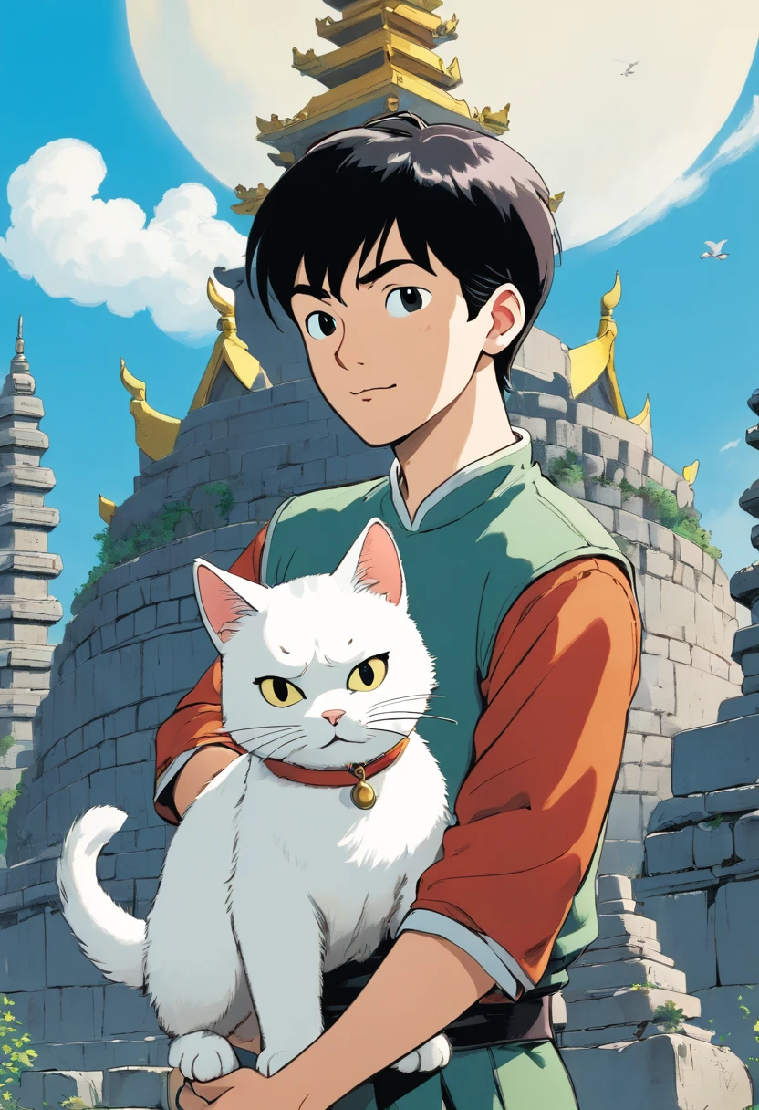 Tintin, male, black hair, herge, european comics, heroic pose, Borobudur temple, with white cat