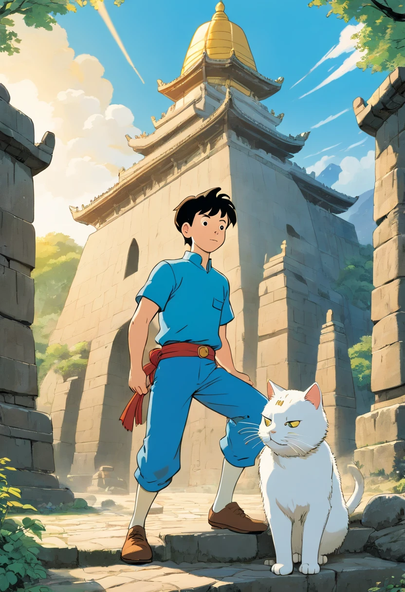 Tintin, male, black hair, herge, european comics, heroic pose, Borobudur temple, with white cat