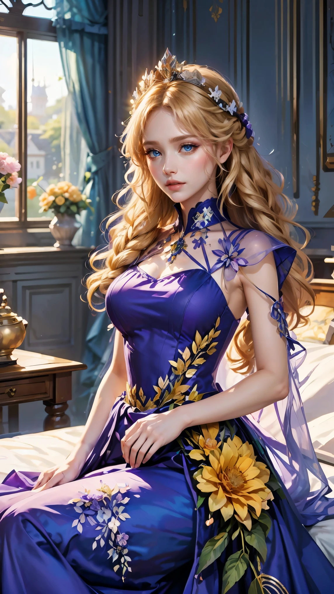 Best quality, masterpiece, ultra high res, raw photo, beautiful and aesthetic, deep shadow, fairy theme,(ultra detailed:1.3),
1girl, sitting pose, flower headdress, drill hair, long hair, blonde hair, gradient hair, yellow eyes, solo, huge breasts, big hair, blue hair, divine goddess, looking at viewer, indoors, queen bedroom, empress bed, room full of curtain, astraea, full body, purple dress, flower dress, transparant dress,