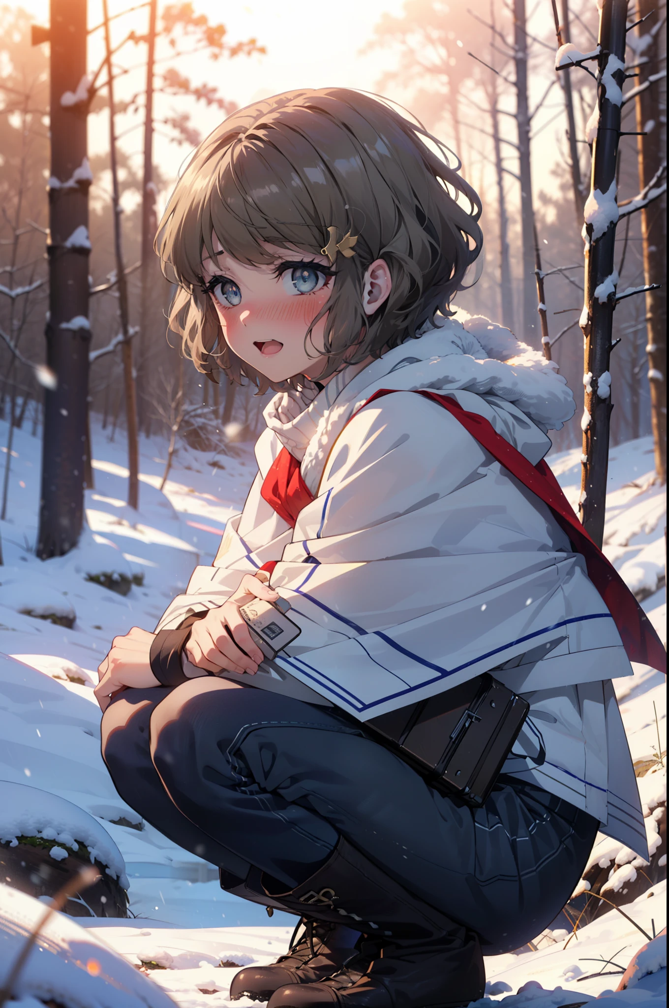 tomoekoga, Chie Koga, short hair, Brown Hair, blue eyes, hair band,smile,blush,White Breath,Mid-chest,
Open your mouth,snow,Ground bonfire, Outdoor, boots, snowing, From the side, wood, suitcase, Cape, Blurred, having meal, forest, White handbag, nature,  Squat, Mouth closed, Cape, winter, Written boundary depth, Black shoes, red Cape break looking at viewer, Upper Body, whole body, break Outdoor, forest, nature, break (masterpiece:1.2), highest quality, High resolution, unity 8k wallpaper, (shape:0.8), (Beautiful and beautiful eyes:1.6), Highly detailed face, Perfect lighting, Extremely detailed CG, (Perfect hands, Perfect Anatomy),