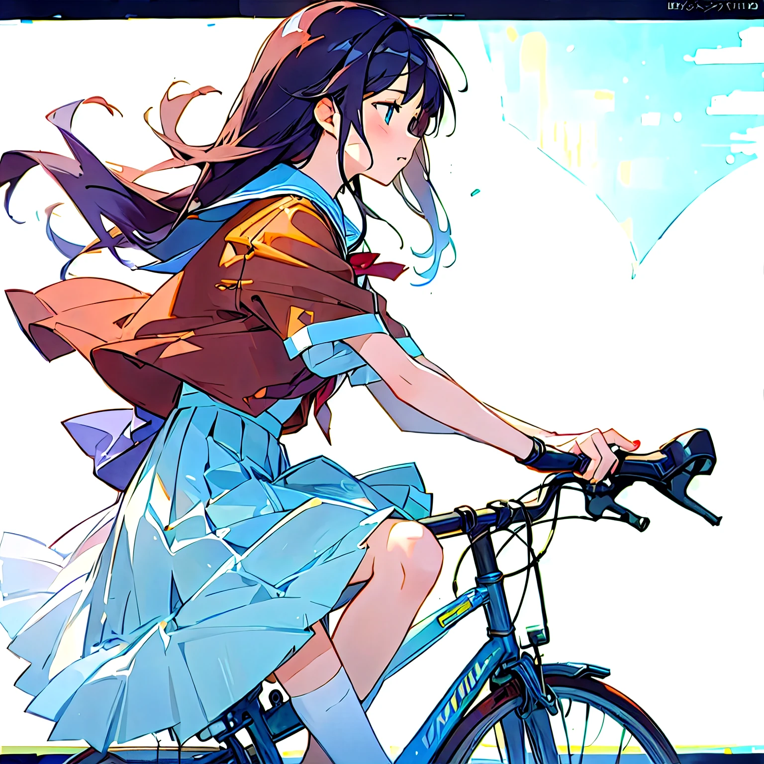 (masterpiece, highest quality:1.2), Reality、One girl riding a bicycle, alone、high school girl、uniform、From the side、Blank background、White background、Watercolor style、