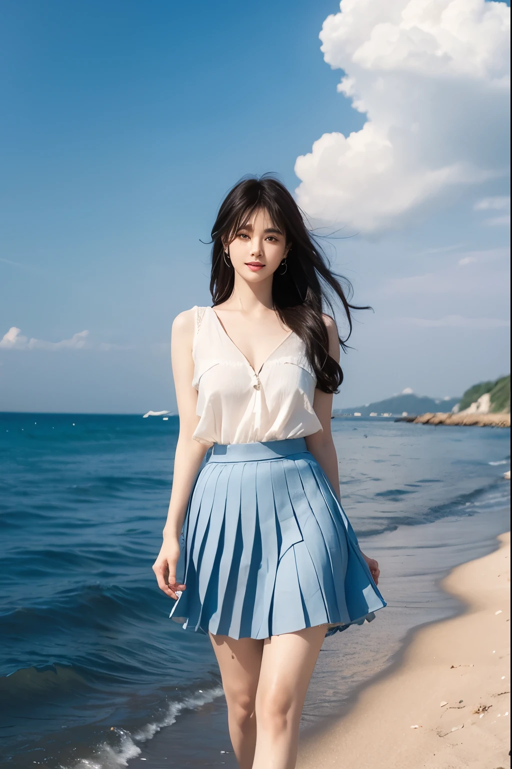 Beautiful woman with perfect body：1.4，Layered Hairstyle，Prominent cleavage：1.2，Highly detailed face and skin textures，Double eyelids，Skin Whitening，Long hair，Whitened long legs，Standing by the sea，Blue sky and white clouds（shirt，Pleated Skirt）