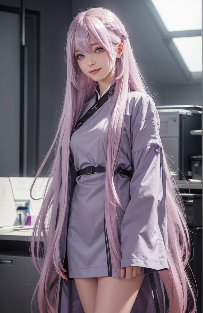 （Woman standing in office area）1 girl, Silver Hair, Horizontal hair, Bangs, Bangs, long hair, Pink Hair, Aqua eyes, Long eyelashes, Purple Eyes, cosmetic, Smile, Open your mouth, realism, Realism, 超realism, Depth of Field, One person&#39;s point of view, F/1.8, 135 mm, Canon, north african trade zone, Retina, On the table, precise, Anatomically correct, Textured Skin, Super Detail, High Detail, high quality, best quality, High resolution, 1080P, harddisk, 4k, 8K, （White stubby sweater,,）Floating on shoulders、Off-shoulder、black bodycon skirt