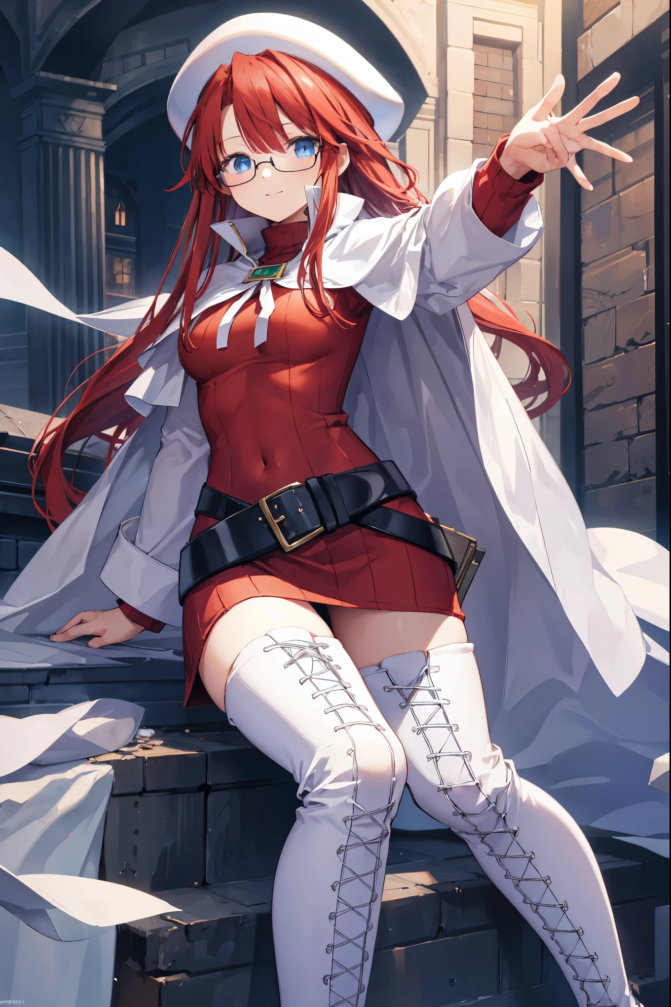 summonnightaty, aty, (young:1.3),long hair, blue eyes, red hair, large_beret, hat, glasses,
BREAK long hair, thighhighs, hat, dress, boots, glasses, belt, cape, sweater, zettai ryouiki, beret, thigh boots, white footwear, ribbed sweater, loose belt,solo,
BREAK outdoors, fantasy,on_cobblestone
,
BREAK (masterpiece:1.2), best quality, high resolution, unity 8k wallpaper, (illustration:0.8), (beautiful detailed eyes:1.6), extremely detailed face, perfect lighting, extremely detailed CG, (perfect hands, perfect anatomy),covered_nipples,covered_navel,light_smile ,(half_eyes:1.4),long_sword,armpit,sleepy,dynamic_fighting_pose,barrel,red_sweater,apart_legs,magical_effect,spread_legs, have_a_book,teacher,rise_knee,kind_face