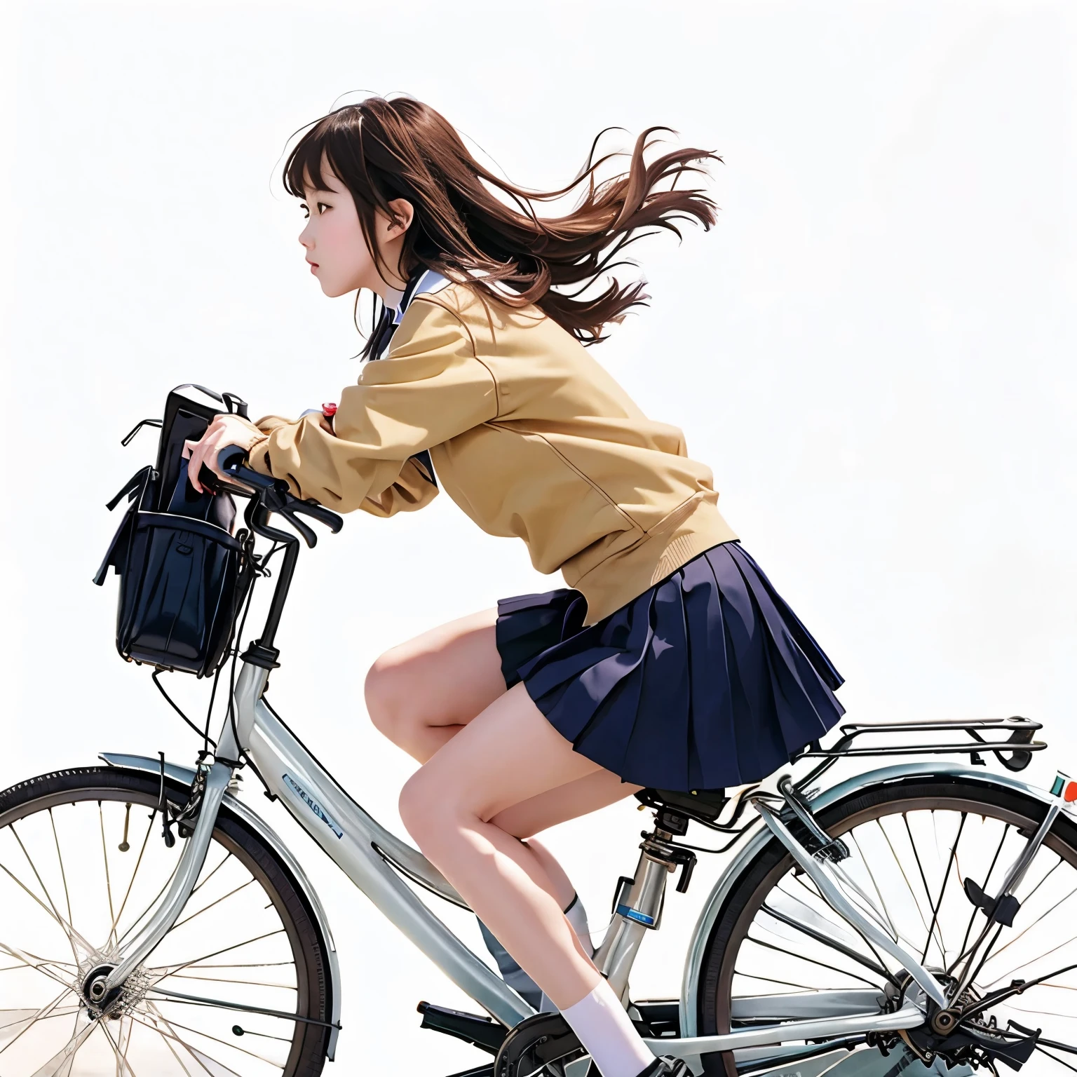 (masterpiece, highest quality:1.2), Reality、One girl riding a bicycle, alone、high school girl、uniform、From the side、Blank background、White background、Watercolor style、