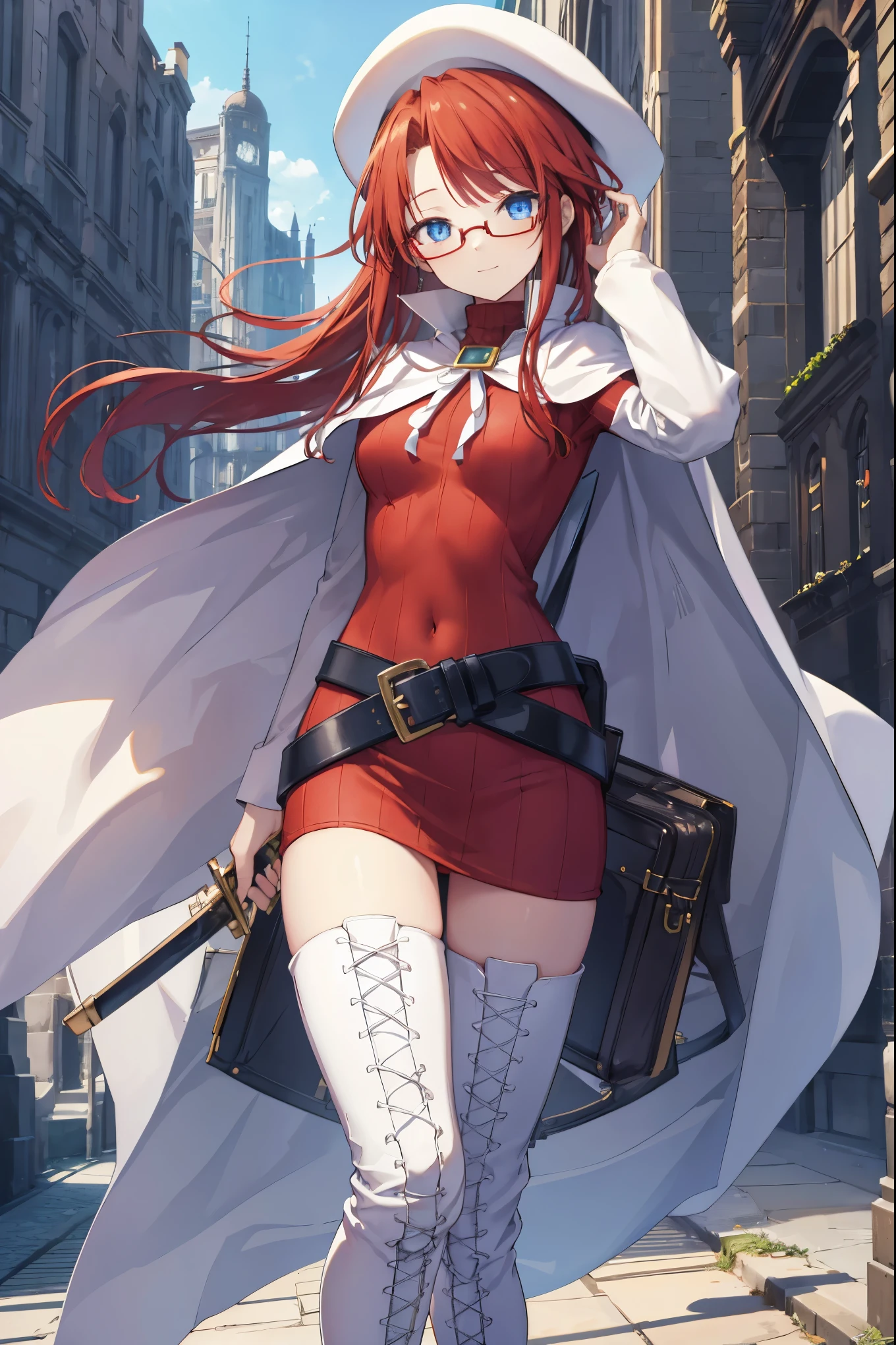 summonnightaty, aty, (young:1.3),long hair, blue eyes, red hair, large_beret, hat, glasses,
BREAK long hair, thighhighs, hat, dress, boots, glasses, belt, cape, sweater, zettai ryouiki, beret, thigh boots, white footwear, ribbed sweater, loose belt,solo,
BREAK outdoors, fantasy,on_cobblestone
,
BREAK (masterpiece:1.2), best quality, high resolution, unity 8k wallpaper, (illustration:0.8), (beautiful detailed eyes:1.6), extremely detailed face, perfect lighting, extremely detailed CG, (perfect hands, perfect anatomy),covered_nipples,covered_navel,light_smile ,(half_eyes:1.4),long_sword,armpit,sleepy,dynamic_fighting_pose,barrel,red_sweater,apart_legs,magical_effect,spread_legs, have_a_book,teacher,rise_knee,kind_face