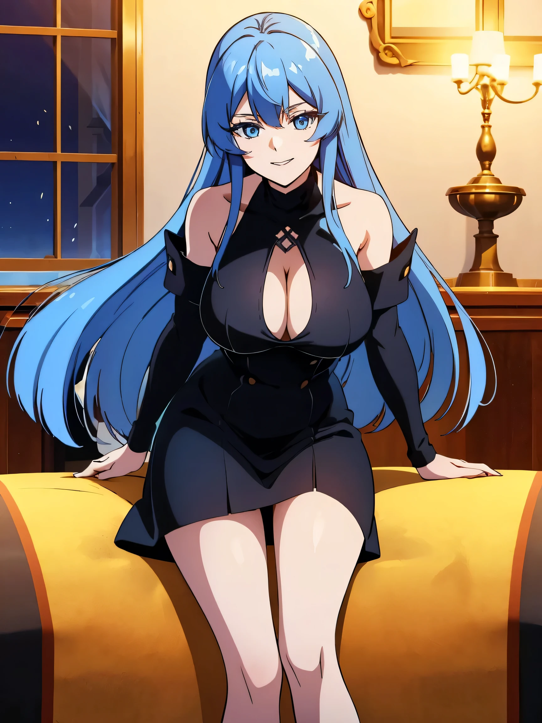 (artwork, best quality) a girl with long blue hair, blue eyes, blue eyelashes, black dress, big breasts, smiling, in a golden mansion at night, perfect body, 4k hd, bare legs, beautiful smile, pretty eyes