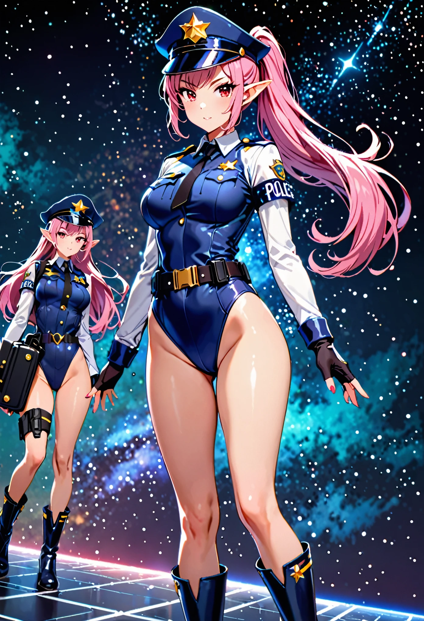 (masterpiece), (best quality), (high res),1girl, tall body, (pointy ears), pink hair, long hair, ponytail, red eyes, beautiful detailed eyes, beautiful detailed face, cute face, (perfect hands), complete fingers, perfect anatomy, perfect proportions, ((hat, dark blue police hat)), ((leotard, matching leotard, bare legs)), ((boots, matching boots)), breasts, medium breasts, fingerless gloves, (full body portrait), looking at viewer, solo, solo focus, floating, police uniform, cowboy shot, space backdrop, indoors, (belt, tight belt), (armbands, white sleeves), (legs straight), full body costume design.