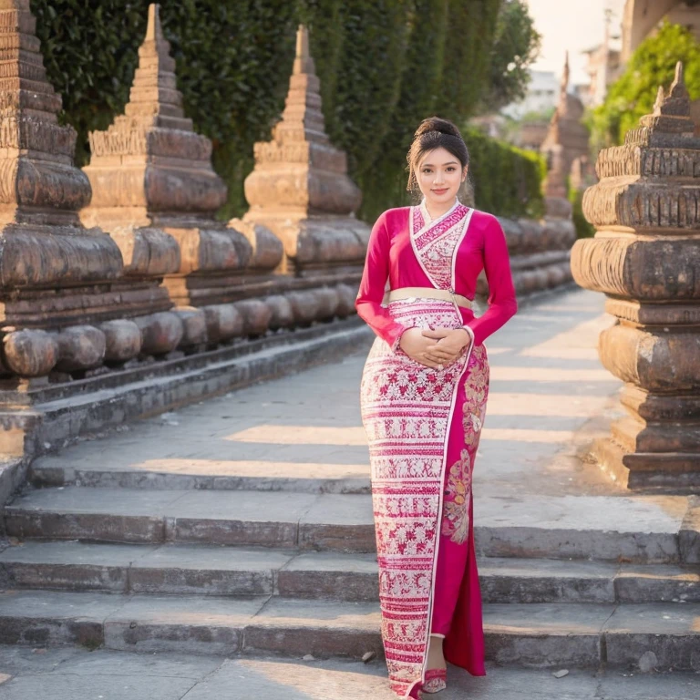 (goddess-like happiness:1.2), Burmese style, skinny, floating hairs, Burmese traditional dress (RAW photo:1.2), (photorealistic:1.4), (masterpiece:1.3), (intricate details:1.2), A glamorous Burmese beauty walks confidently and elegantly down an old streets of Burmese, and when she reaches the end of a footbridge, she stops and strikes a pose to show off her outfit from all angles. Heavily pregnant huge pregnant belly