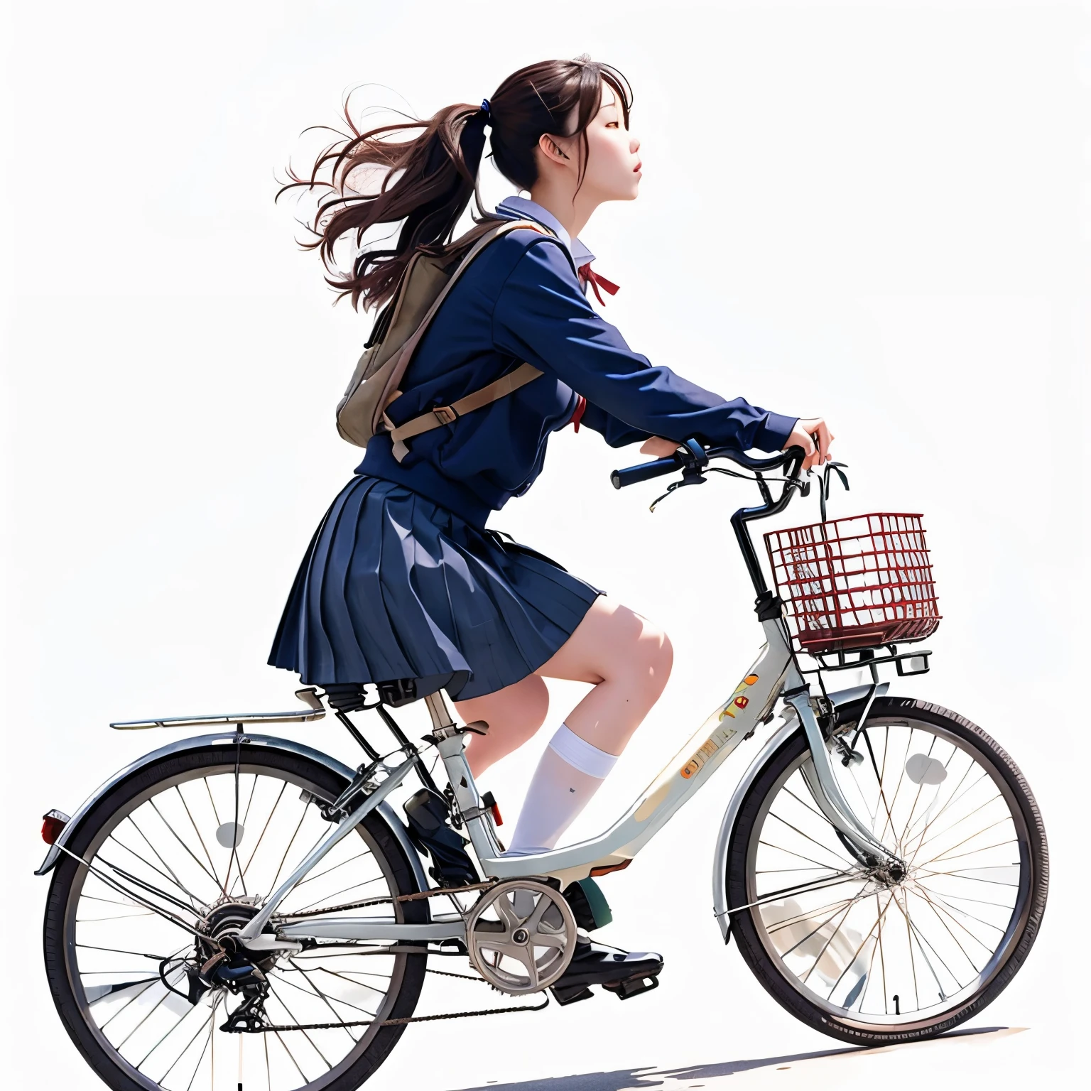 (masterpiece, highest quality:1.2), Reality、One girl riding a bicycle, alone、high school girl、uniform、From the side、Blank background、White background、Watercolor style、