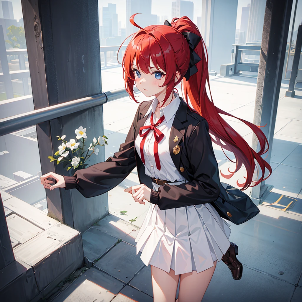 1girl, solo,Ponytail,Red Hair,MASHIROIRO SYMPHONY, INUI SANA,Showing the panties,masterpiece,best quality,highres,ultra-detailed,inui sana,blue eyes,long hair,red hair,high ponytail,ahoge,braid,hair between eyes,bangs,hair bow,neck ribbon,long sleeves,white jacket,collared shirt,juliet sleeves,white skirt,(black socks:1.2)
