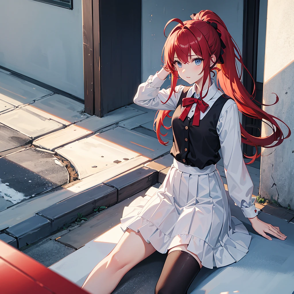 1girl, solo,Ponytail,Red Hair,MASHIROIRO SYMPHONY, INUI SANA,Showing the panties,masterpiece,best quality,highres,ultra-detailed,inui sana,blue eyes,long hair,red hair,high ponytail,ahoge,braid,hair between eyes,bangs,hair bow,neck ribbon,long sleeves,white jacket,collared shirt,juliet sleeves,white skirt,(black socks:1.2)
