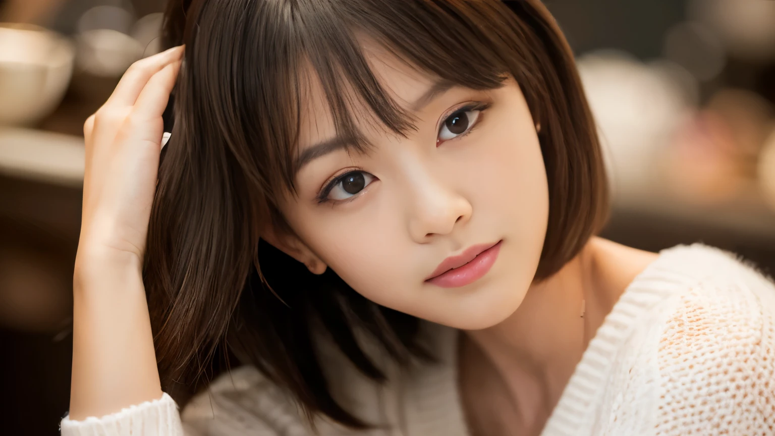 (highest quality、8K、32k、masterpiece、nffsw:1.2)、cute japanese women photos、big and full breasts、very short bobbed hair、Upper body、surface focus、extra large_sweater、necklace、Background of the café、From above、Viewer looking x4、(8K、RAW photo、highest quality、masterpiece:1.2)、(realistic、Photoreal:1.37)、1 girl、cute、professional lighting、photon mapping、Physically based rendering、gradient brunette hair、short curly hair、Handsome、girly、excellent image quality、High resolution、1080p、(clean face)、(Detailed facial description)、(Detailed hand explanation)、(Masseter muscle part)、(Detailed CG)、 extreme light and shadow、hair is dirty、masterpiece、rich details、(exquisite features)、(best image quality)、(masterpiece)、(detailed eye)、looking forward to your eyes、delicate clavicle、Various poses、Don&#39;don&#39;t watch the mela、profile、Photographed inside the cafe、Spring clothes、simple necklace、light blue knit