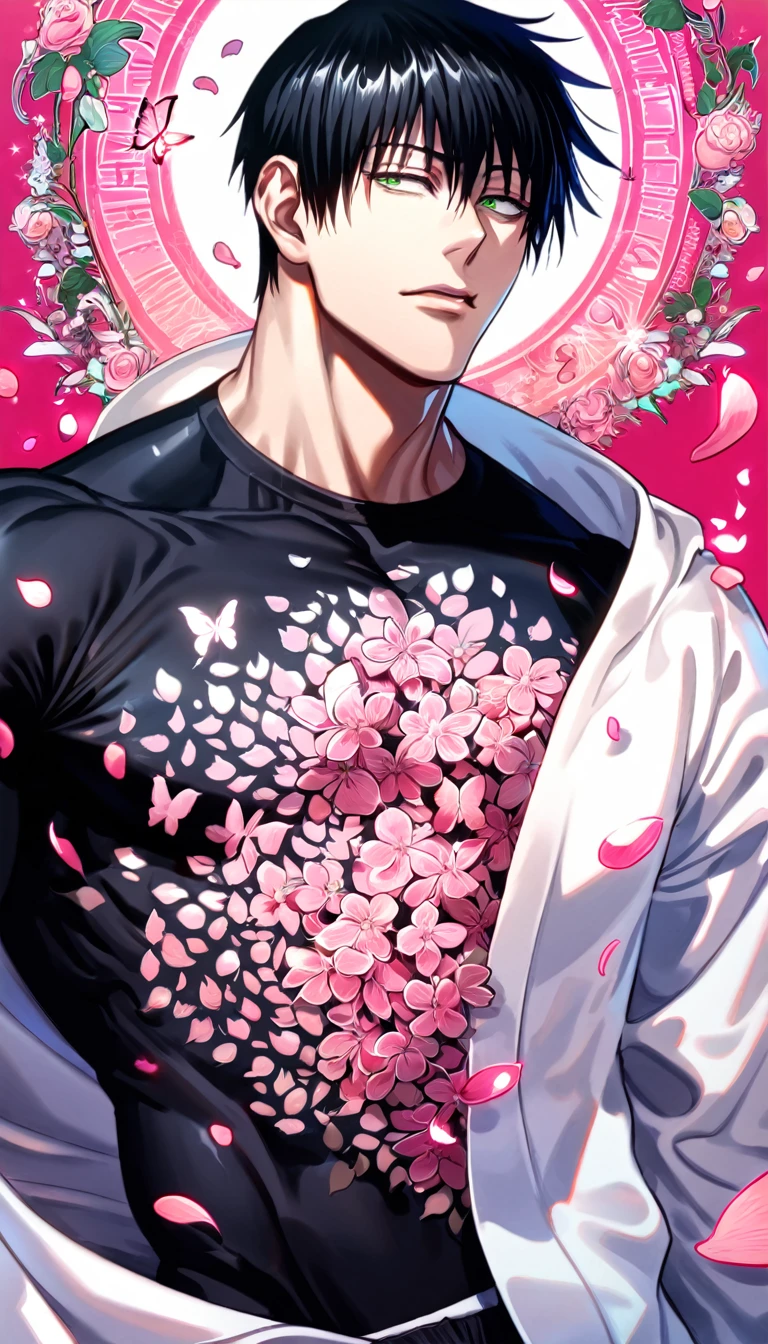 absurdres, highres, ultra detailed, HDR, master piece, best quality, Fushiguro Touji, straight black hair, expressive green eyes, Jujutsu Kaisen, solo, sexy man, handsome, toned chest, white coat, black tight shirt, pink butterflies, petals, pink flowers, magical, fantasy, glittering, pink background