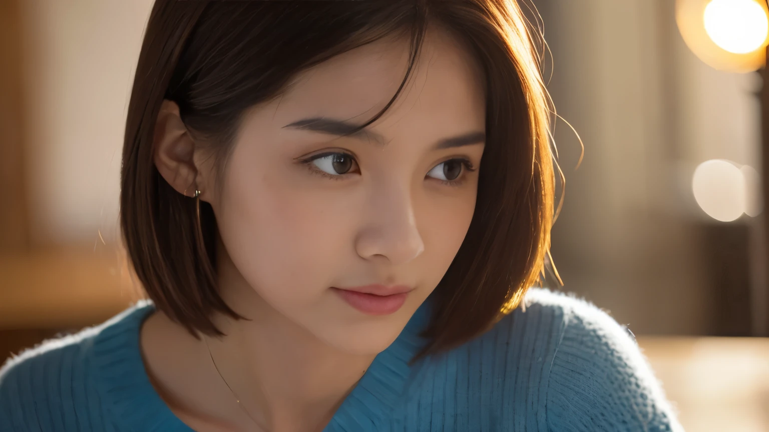 (highest quality、8K、32k、masterpiece、nffsw:1.2)、cute japanese women photos、big and full breasts、very short bobbed hair、Upper body、surface focus、extra large_sweater、necklace、Background of the café、From above、Viewer looking x4、(8K、RAW photo、highest quality、masterpiece:1.2)、(realistic、Photoreal:1.37)、1 girl、cute、professional lighting、photon mapping、Physically based rendering、gradient brunette hair、short curly hair、Handsome、girly、excellent image quality、High resolution、1080p、(clean face)、(Detailed facial description)、(Detailed hand explanation)、(Masseter muscle part)、(Detailed CG)、 extreme light and shadow、hair is dirty、masterpiece、rich details、(exquisite features)、(best image quality)、(masterpiece)、(detailed eye)、looking forward to your eyes、delicate clavicle、Various poses、Don&#39;don&#39;t watch the mela、profile、Photographed inside the cafe、Spring clothes、simple necklace、light blue knit