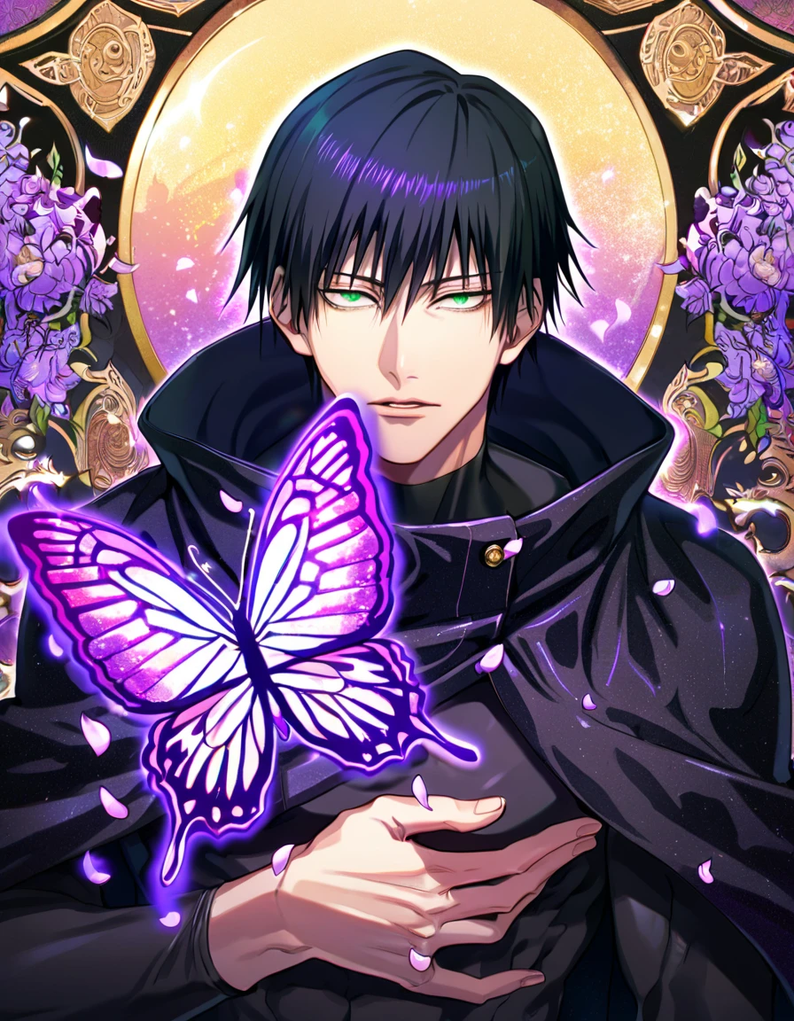 Ultra detailed, HDR, Highres, absurdres, master piece, Fushiguro Touji, black straight hair, expressive green eyes, Jujutsu Kaisen, purple glittering butterflies, petals, fantasy, purple flowers, sexy man, solo, extremely detailed face and eyes, handsome, glittering, toned chest, black coat with patterns, black tight shirt, purple moon, black cape, purple flames,