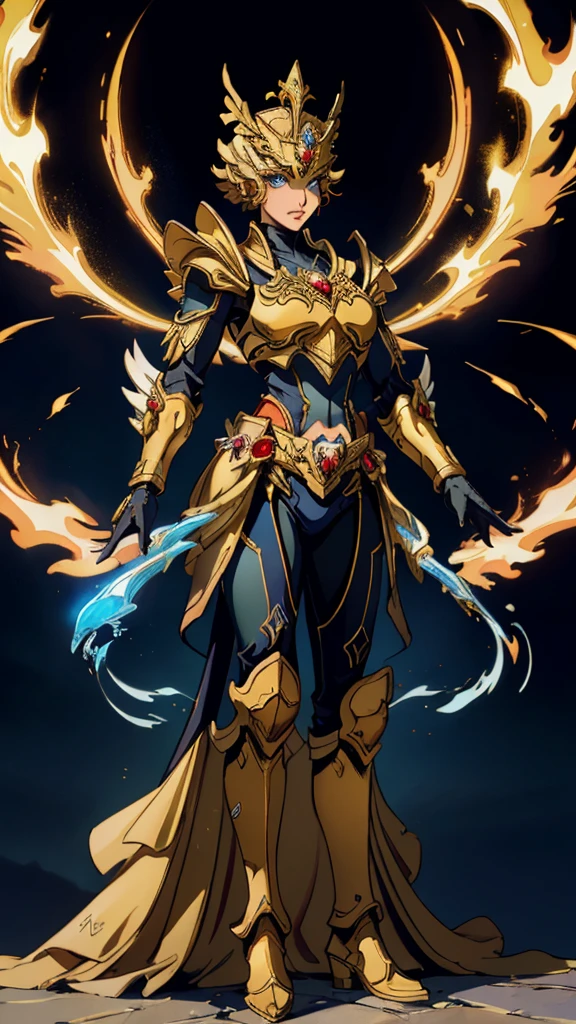 A woman adorned in fantasy-style full-body armor, a crown-concept fully enclosed helmet that unveils only her eyes, a composite layered chest plate, fully encompassing shoulder and hand guards, a lightweight waist armor, form-fitting shin guards, the overall design is heavy-duty yet flexible, (the armor gleams with a golden glow, complemented by red and blue accents), exhibiting a noble aura, she floats above a fantasy-surreal high-tech city, this character embodies a finely crafted fantasy-surreal style armored hero in anime style, exquisite and mature manga art style, (mixture of Queen bee and Spider concept Armor, plasma), ((Element, elegant, goddess, femminine:1.5)), metallic, high definition, best quality, highres, ultra-detailed, ultra-fine painting, extremely delicate, professional, anatomically correct, symmetrical face, extremely detailed eyes and face, high quality eyes, creativity, RAW photo, UHD, 32k, Natural light, cinematic lighting, masterpiece-anatomy-perfect, masterpiece:1.5