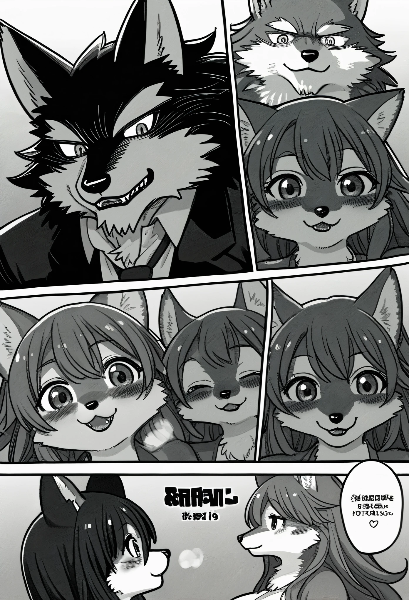 top quality, best quality, highres, unparalleled masterpiece, perfect artwork, paid reward available, indoor, couple of comics(super cute 1girl, 1wolf, kemono, furry anthro)tumblr, sosaku hanga, black and white manga page, manga page, doujin, ddlc, anime, comedy comic, black and white manga panel, zerochan,