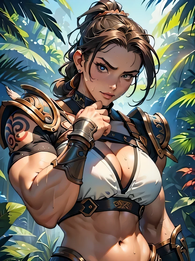 ((Masterpiece, top quality, super detailed, high resolution, sharp focus)), ((one girl, mature woman, face light, bust shot)), perfect big eyes and face, strong physique, savage Female, long hair, ponytail, looking up, bored expression, pompadour cut, braids, (warrior armor), straps, gauntlets, dark skin, dimples in the skin, tattoos, belly button, toned abs, Sweaty skin, thick tight chest, wide shoulders, arm muscles, leg muscles, seductive makeup, detailed jungle background, looking at the viewer, detailed hand depiction, aztec, science fiction, neon light, mechanical, feathers, SlightMuscle