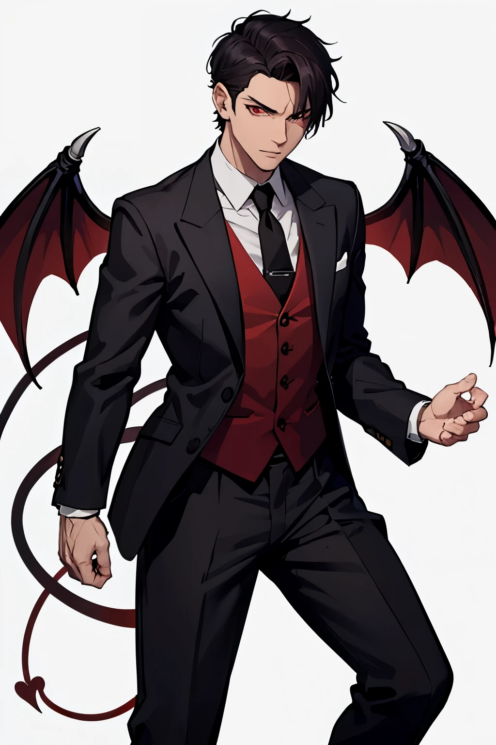 man, short hair, mobster, demon, red eyes, dark, white background, high quality face, high quality whole body.