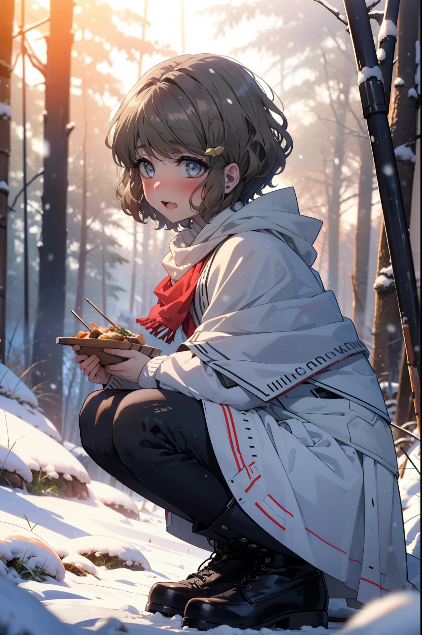 tomoekoga, Chie Koga, short hair, Brown Hair, blue eyes, hair band,smile,blush,White Breath,Mid-chest,
Open your mouth,snow,Ground bonfire, Outdoor, boots, snowing, From the side, wood, suitcase, Cape, Blurred, having meal, forest, White handbag, nature, Squat, Mouth closed, Cape, winter, Written boundary depth, Black shoes, red Cape break looking at viewer, Upper Body, whole body, break Outdoor, forest, nature, break (masterpiece:1.2), highest quality, High resolution, unity 8k wallpaper, (shape:0.8), (Beautiful and beautiful eyes:1.6), Highly detailed face, Perfect lighting, Extremely detailed CG, (Perfect hands, Perfect Anatomy),