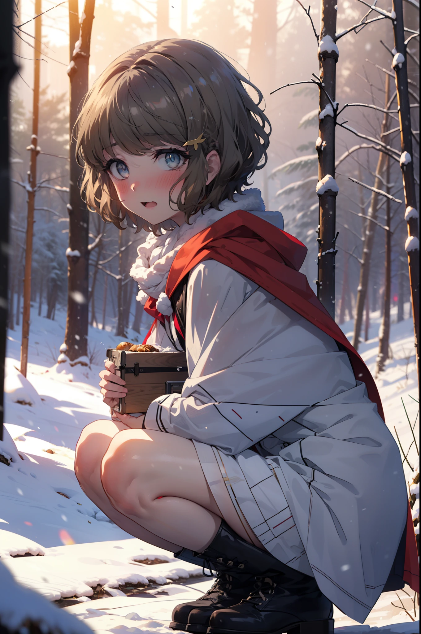 tomoekoga, Chie Koga, short hair, Brown Hair, blue eyes, hair band,smile,blush,White Breath,Mid-chest,
Open your mouth,snow,Ground bonfire, Outdoor, boots, snowing, From the side, wood, suitcase, Cape, Blurred, having meal, forest, White handbag, nature, Squat, Mouth closed, Cape, winter, Written boundary depth, Black shoes, red Cape break looking at viewer, Upper Body, whole body, break Outdoor, forest, nature, break (masterpiece:1.2), highest quality, High resolution, unity 8k wallpaper, (shape:0.8), (Beautiful and beautiful eyes:1.6), Highly detailed face, Perfect lighting, Extremely detailed CG, (Perfect hands, Perfect Anatomy),