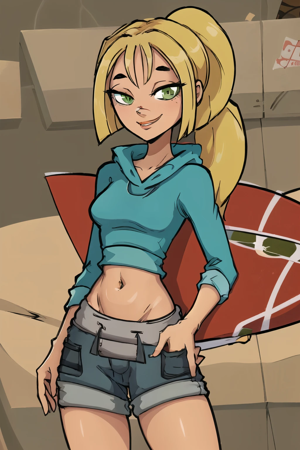 ((masterpiece,best quality)), absurdres, Zoey_Total_Drama, solo, smiling, looking at viewer, cowboy shot, cinematic composition, contrapposto, green eyes, short ponytail, crop top sweater, shorts, thighs
