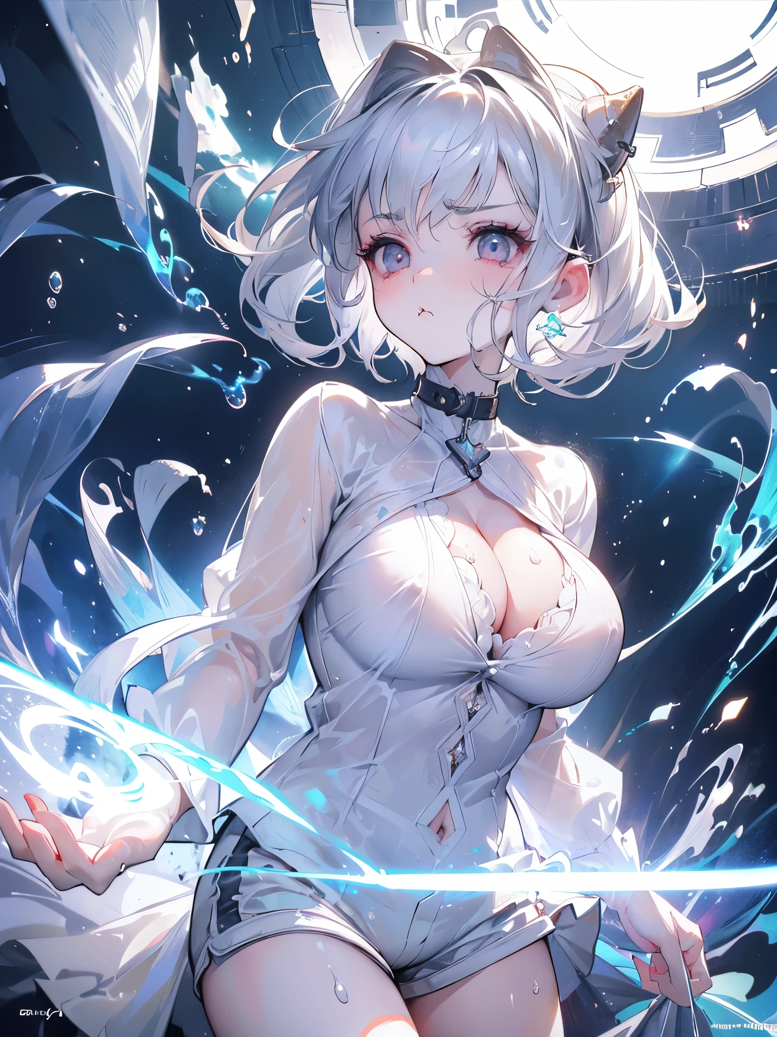 A girl in short shorts, white hair, silver eyes, in a schizophrenic scenario, (((the girl esta babando between her breasts, round and medium breasts, transparent wet white shirt, cleavage, sad face pouting) )), {extremely detailed 16k CG unit wallpaper}, expansive landscape photography, (a low view focusing on the character and setting), (wide open field view), (low angle shot), (high light: 1.2), (low light: 1.2), (warm light source: 1.2), complex details, (iridescent colors: 1.0), (bright lighting), (atmospheric lighting), dreamy, unique,