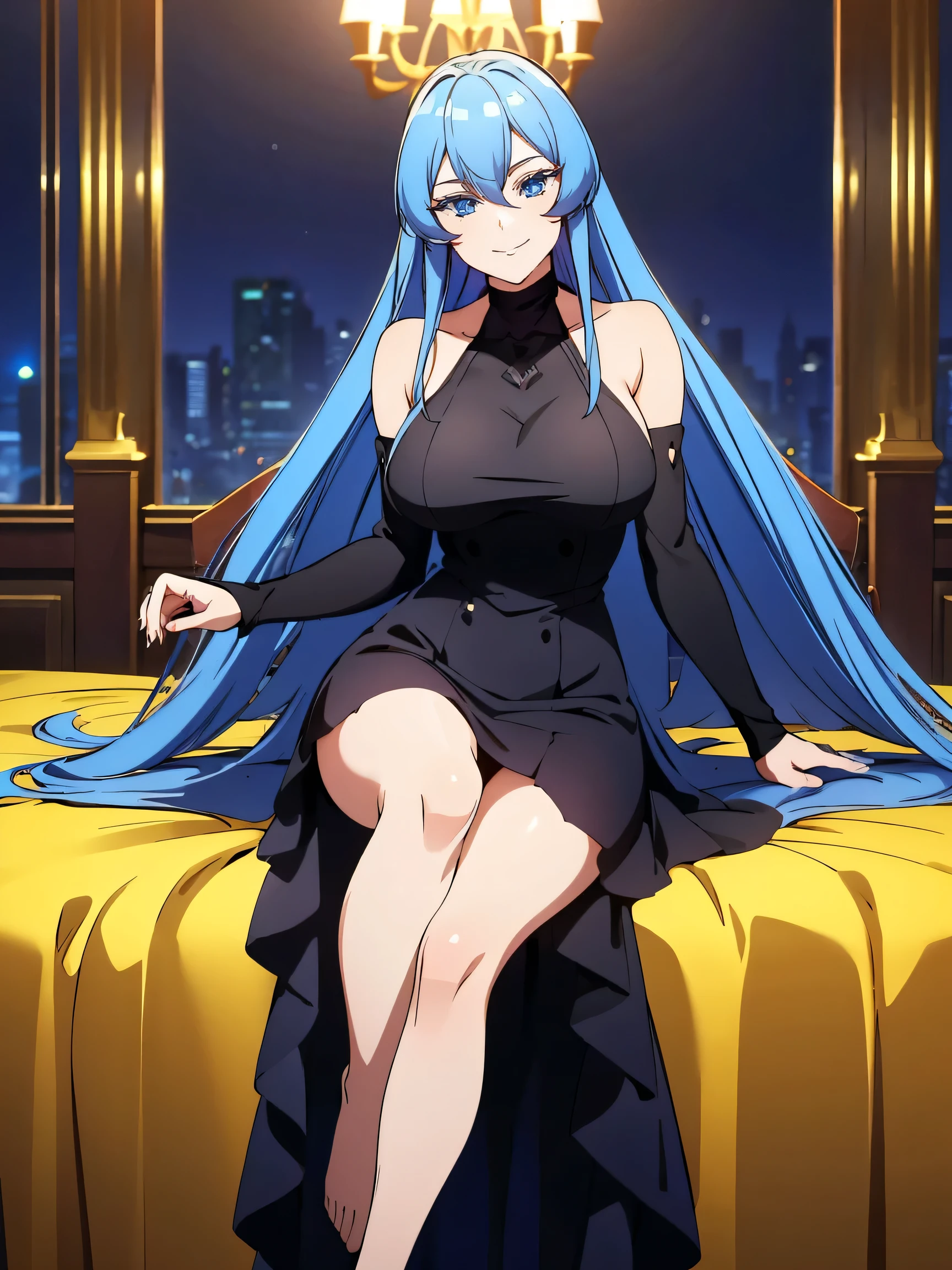(artwork, best quality) a girl with long blue hair, blue eyes, blue eyelashes, black dress, big breasts, smiling, in a golden mansion at night, perfect body, 4k hd, bare legs, beautiful smile, pretty eyes