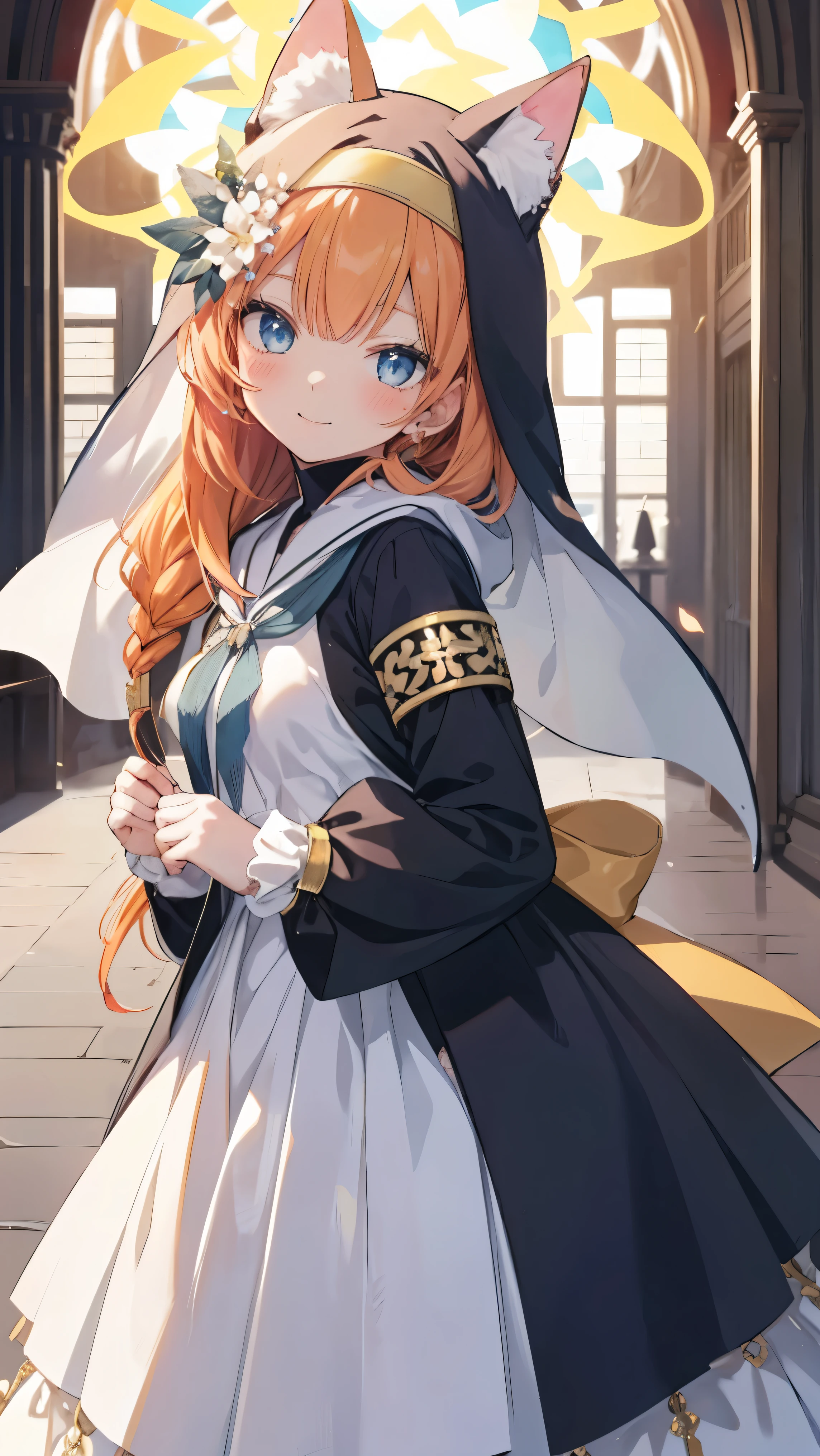 Marie、masterpiece、Best image quality、最high quality、Good looking girl (smile、blush, Perfect Face), independent , Looking into the camera, masterpiece, Anime art style, Cute Characters, Most detailed, high quality、Shiny Hair、Very fine and beautiful bright eyes、Very detailed, clear and beautiful face, Awards, Anatomically correct、Cat ear、Orange Hair、ta、Small breasts、uniform、Hooded、church