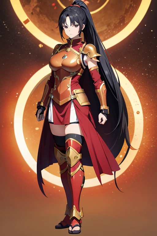 Anime drawings、Full body portrait、Space SF General、A well-built woman, standing upright, about 180cm tall, about 48 years old, wearing red armor、Angry、Long straight hair tied up in one ponytail、Black Hair、Wearing Japanese-style breastplate, gauntlets and shin guards