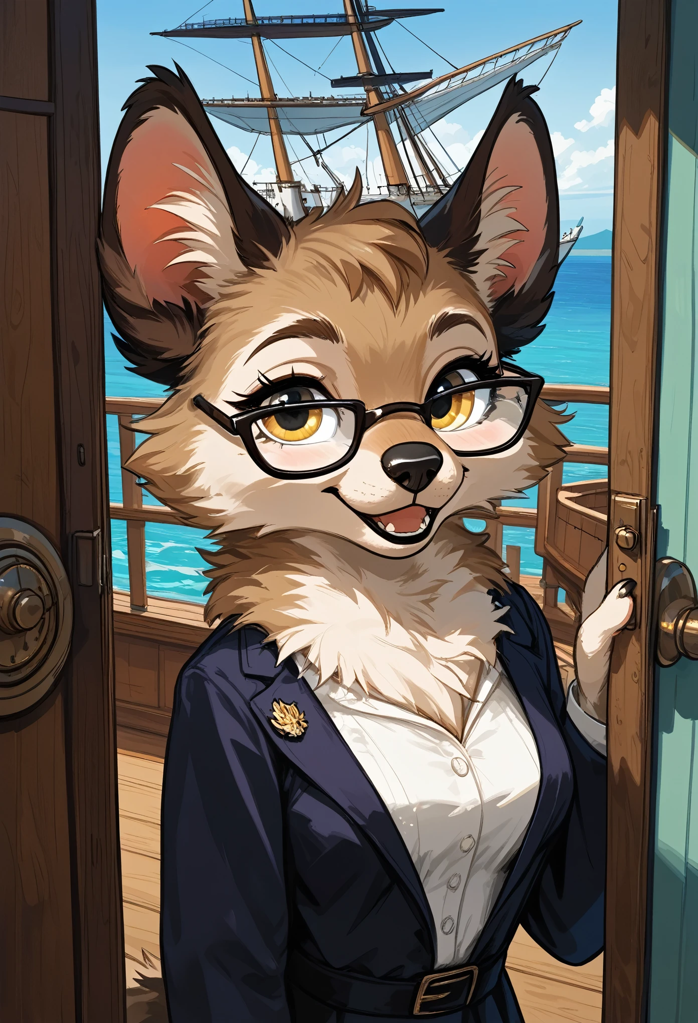 masterpiece, best quality,1girl,furry,ship,manul girl,side of door,
perfect light,glasses,animal nose,solo,detail fur
adorable,black ,glasses, looking at viewer, 
 