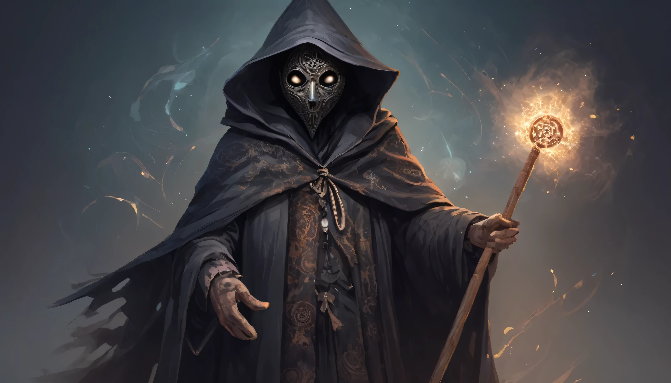 Mysterious black magician illustration,Wearing a mask, A tattered cloak decorated with intricate mystical symbols, He holds a wooden staff that crackles with dark energy., 