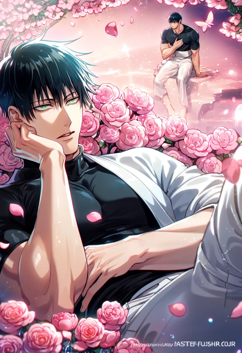 absurdres, highres, ultra detailed, HDR, master piece, best quality, Fushiguro Touji, straight black hair, expressive green eyes, Jujutsu Kaisen, solo, sexy man, handsome, toned chest, white coat, black tight shirt, sitting, white pants, pink butterflies, petals, pink flowers, magical, fantasy, glittering, pink background