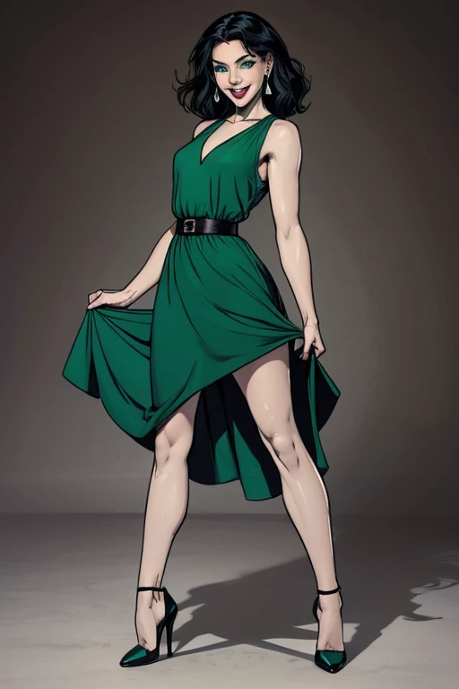 (full body:1.4). Beautiful 24 yo woman of Irish descent. athletic figure,(pale:1.4)complexion. raven black hair, green eyes, cute butt, nice legs. Kind eyes,(joy:1.3),(smile:1.2). Long flowing dress, high heels.