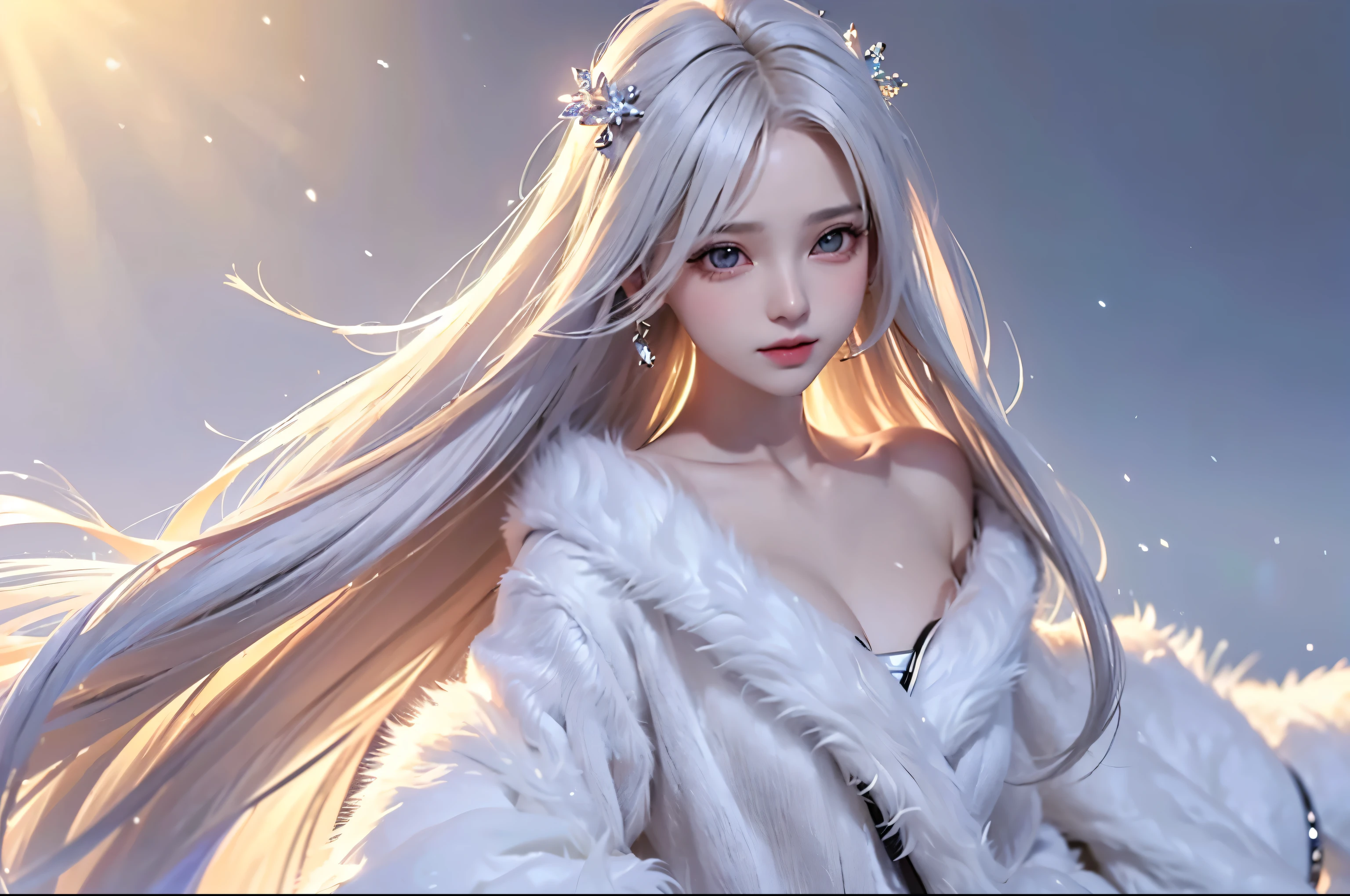 ((masterpiece:1.5、8k、Tabletop、Photorealistic and very detailed CG、Very detailed、Particle Effects、Dynamic Effects、Written boundary depth、Cinematic Light、Lens flare、Ray Tracing、Tabletop、Realistic:1.4、超A high resolution:1.2、Realistic、Realistic))((alone、,Woman wearing a fur coat over an off-the-shoulder sweater:1.4、Elegant woman posing:、Detailed face、brightexpression、young, bright, Whiter skin、medium beutiful breasts、Best Looks、Ultimate beauty、White hair with shiny highlights、Bright and shiny hair,、Super long, Silky straight hair、Hair dancing in the wind))(morning、The setting is outdoors in the snow、Crystal of snow)
