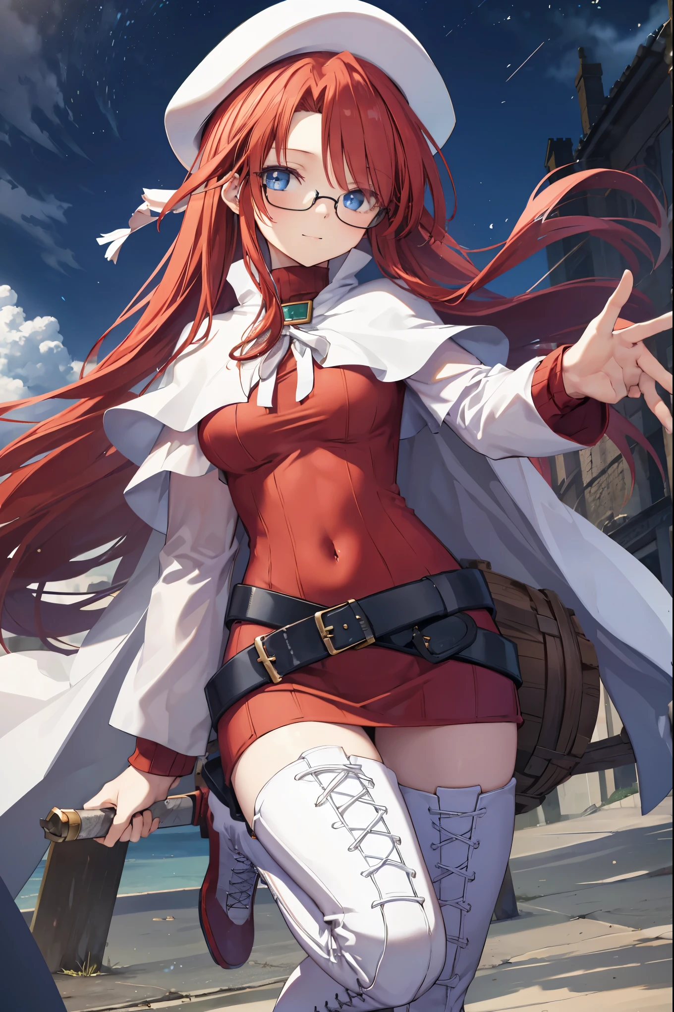 summonnightaty, aty, (young:1.3),long hair, blue eyes, red hair, large_beret, hat, glasses,
BREAK long hair, thighhighs, hat, dress, boots, glasses, belt, cape, sweater, zettai ryouiki, beret, thigh boots, white footwear, ribbed sweater, loose belt,solo,
BREAK outdoors, fantasy,on_cobblestone
,
BREAK (masterpiece:1.2), best quality, high resolution, unity 8k wallpaper, (illustration:0.8), (beautiful detailed eyes:1.6), extremely detailed face, perfect lighting, extremely detailed CG, (perfect hands, perfect anatomy),covered_nipples,covered_navel,light_smile ,(half_eyes:1.4),long_sword,armpit,sleepy,dynamic_fighting_pose,barrel,red_sweater,apart_legs,magical_effect,spread_legs, have_a_book,teacher,rise_knee,kind_face