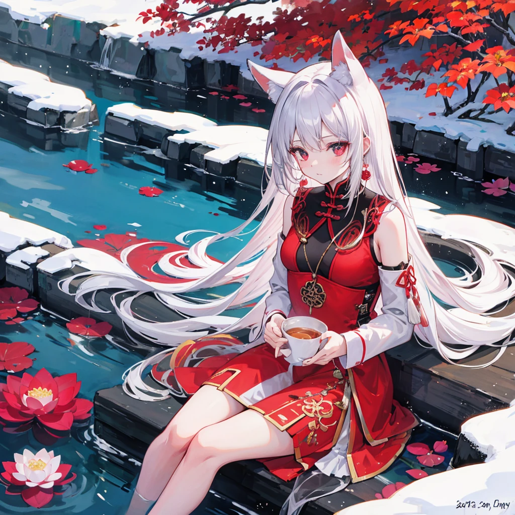 A lotus,Blood red lotus,Snow,Chinese style
