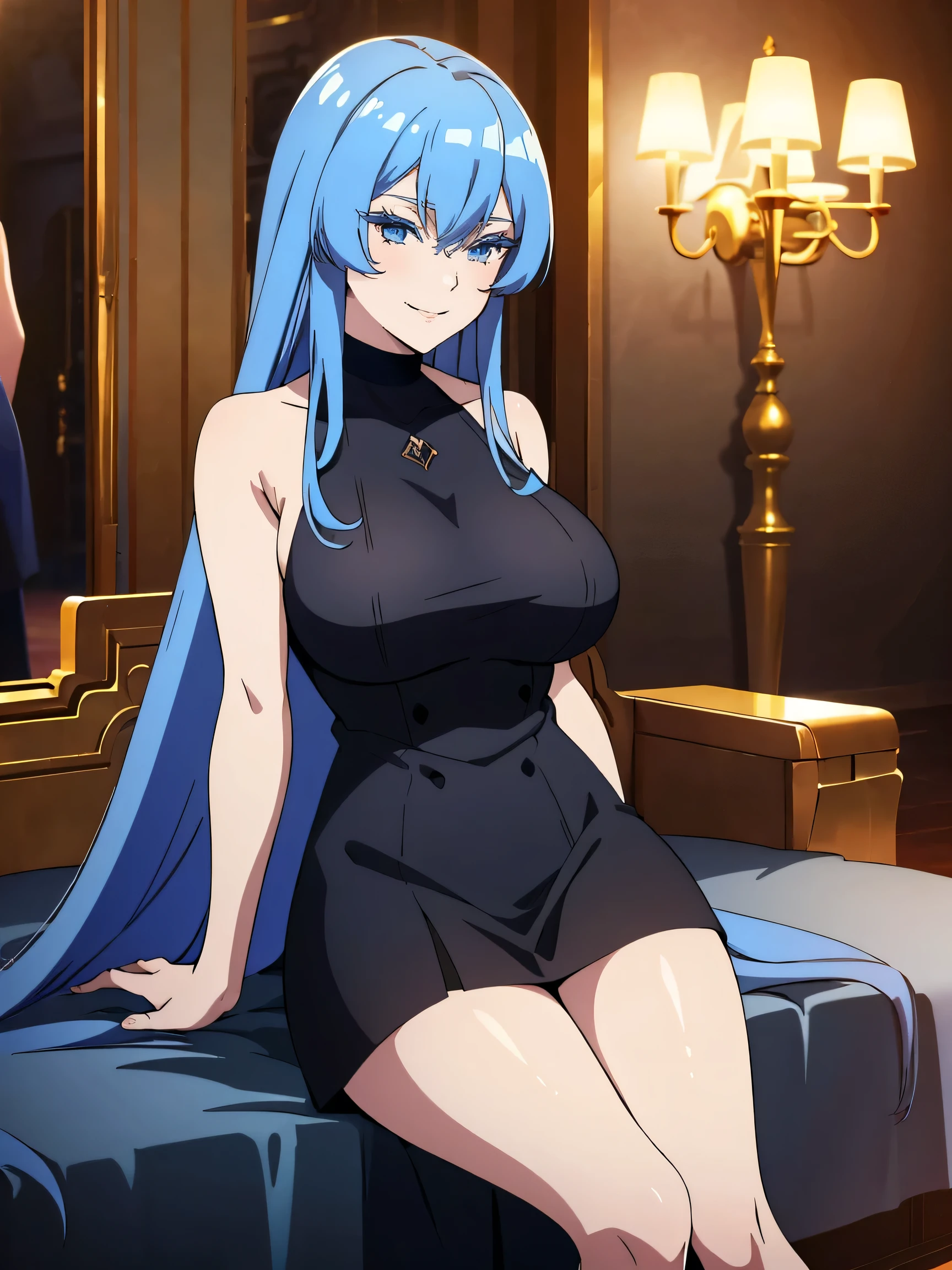 (artwork, best quality) a girl with long blue hair, blue eyes, blue eyelashes, black dress, big breasts, smiling, in a golden mansion at night, perfect body, 4k hd, bare legs, beautiful smile, pretty eyes