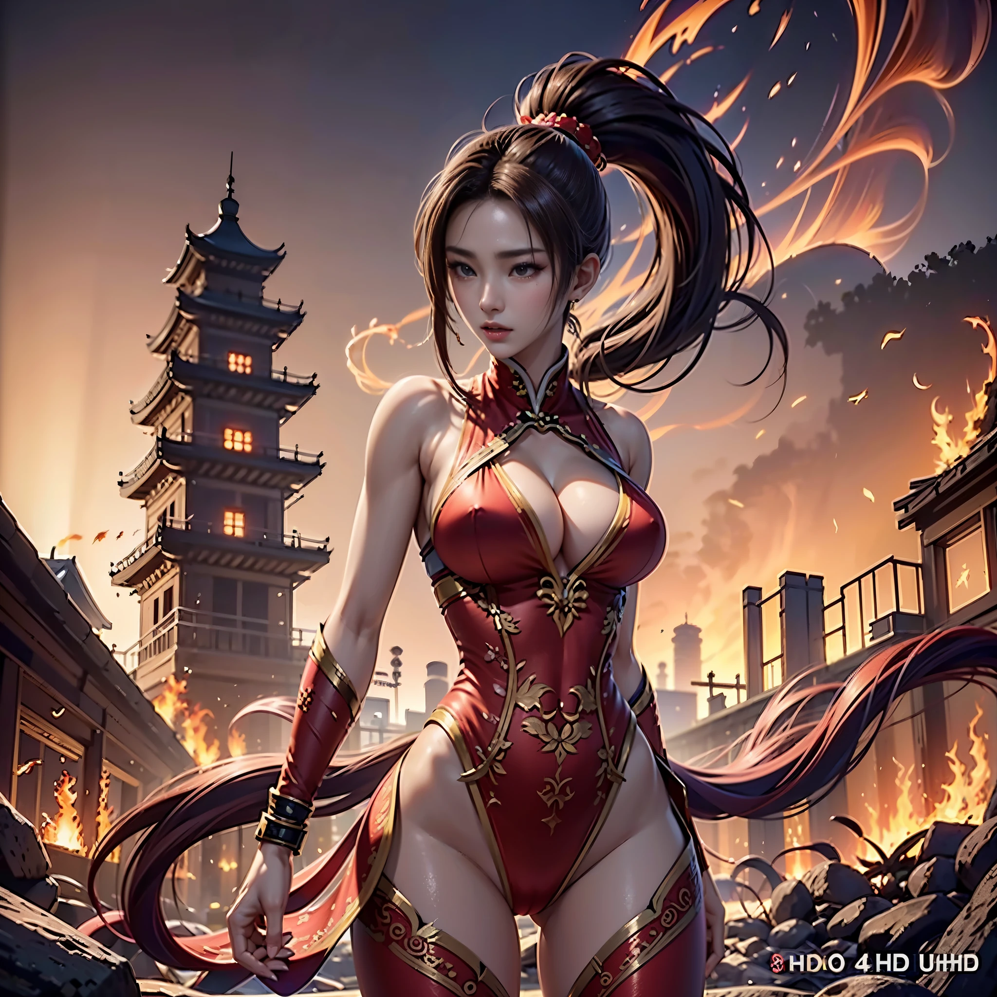 （Battle pictures,Battle close-up,Dynamic shooting），((epic work，Mai Shiranui，Ancient battlefield of China，Woman in sexy red tights，Whole Body Xianxia，High Ponytail，Shoot from below，Rich scene details，There was smoke everywhere，There is a tall tower in the distance，The flames lit up the sky red))，(18 years old，Majestic and serious expression,Huge breasts),((Anatomically correct，8K, Super Detail, UHD, masterpiece, Super Detail, High Detail, high quality, The award-winning, best quality, High resolution, 1080P, HD, 4k, 8K, precise))