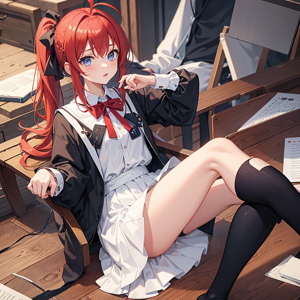 1girl, solo,Ponytail,Red Hair,MASHIROIRO SYMPHONY, INUI SANA,Showing the panties,masterpiece,best quality,highres,ultra-detailed,inui sana,blue eyes,long hair,red hair,high ponytail,ahoge,braid,hair between eyes,bangs,hair bow,neck ribbon,long sleeves,white jacket,collared shirt,juliet sleeves,white skirt,(black socks:1.2)