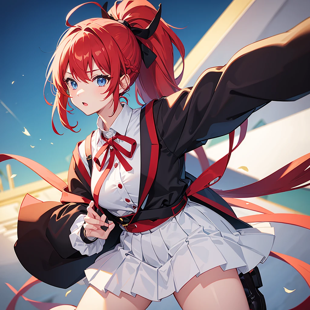 1girl, solo,Ponytail,Red Hair,MASHIROIRO SYMPHONY, INUI SANA,Showing the panties,masterpiece,best quality,highres,ultra-detailed,inui sana,blue eyes,long hair,red hair,high ponytail,ahoge,braid,hair between eyes,bangs,hair bow,neck ribbon,long sleeves,white jacket,collared shirt,juliet sleeves,white skirt,(black socks:1.2)