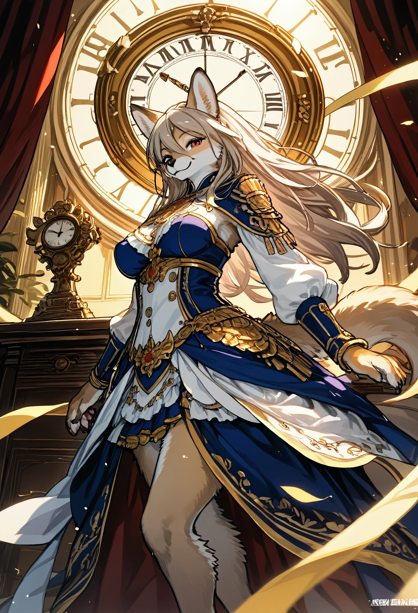 cover page, highres, top quality, best quality, paid reward available, unparalleled masterpiece, perfect artwork, absurdres, High-quality illustrations, super high resolution, detailed background, perfect anatomy(1girl, kemono, furry anthro, fearless smile, reach for the clock) in room with clock, fantasy artwork, cinematic lighting, Backlight,
