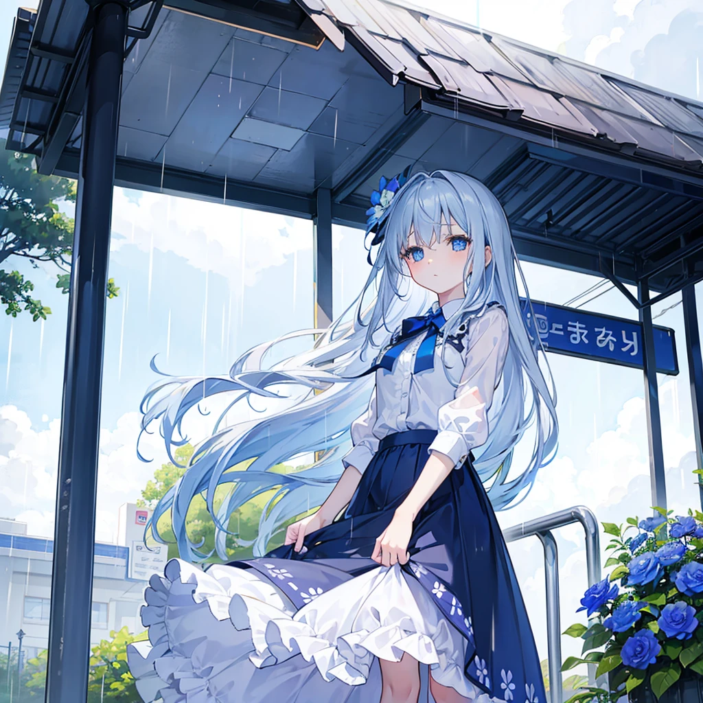 girl, looking at sky,bus stop ,from below,rain,Blue eyes, big eyes,droopy eyes, With blue flower corsage,frill shirt,long skirt ,Slender body, White long hair