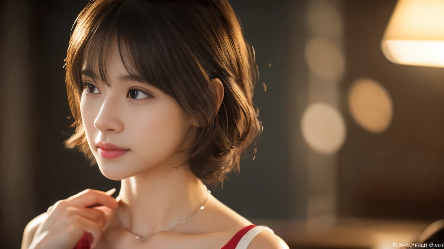 (highest quality、8K、32k、masterpiece、nffsw:1.2)、cute japanese women photos、big and full breasts、very short bobbed hair、Upper body、surface focus、extra large_sweater、necklace、Background of the café、From above、Viewer looking x4、(8K、RAW photo、highest quality、masterpiece:1.2)、(realistic、Photoreal:1.37)、1 girl、cute、professional lighting、photon mapping、Physically based rendering、gradient brunette hair、short curly hair、Handsome、girly、excellent image quality、High resolution、1080p、(clean face)、(Detailed facial description)、(Detailed hand explanation)、(Masseter muscle part)、(Detailed CG)、 extreme light and shadow、hair is dirty、masterpiece、rich details、(exquisite features)、(best image quality)、(masterpiece)、(detailed eye)、looking forward to your eyes、delicate clavicle、Various poses、Don&#39;don&#39;t watch the mela、profile、Photographed inside the cafe、Spring clothes、simple necklace、light blue knit