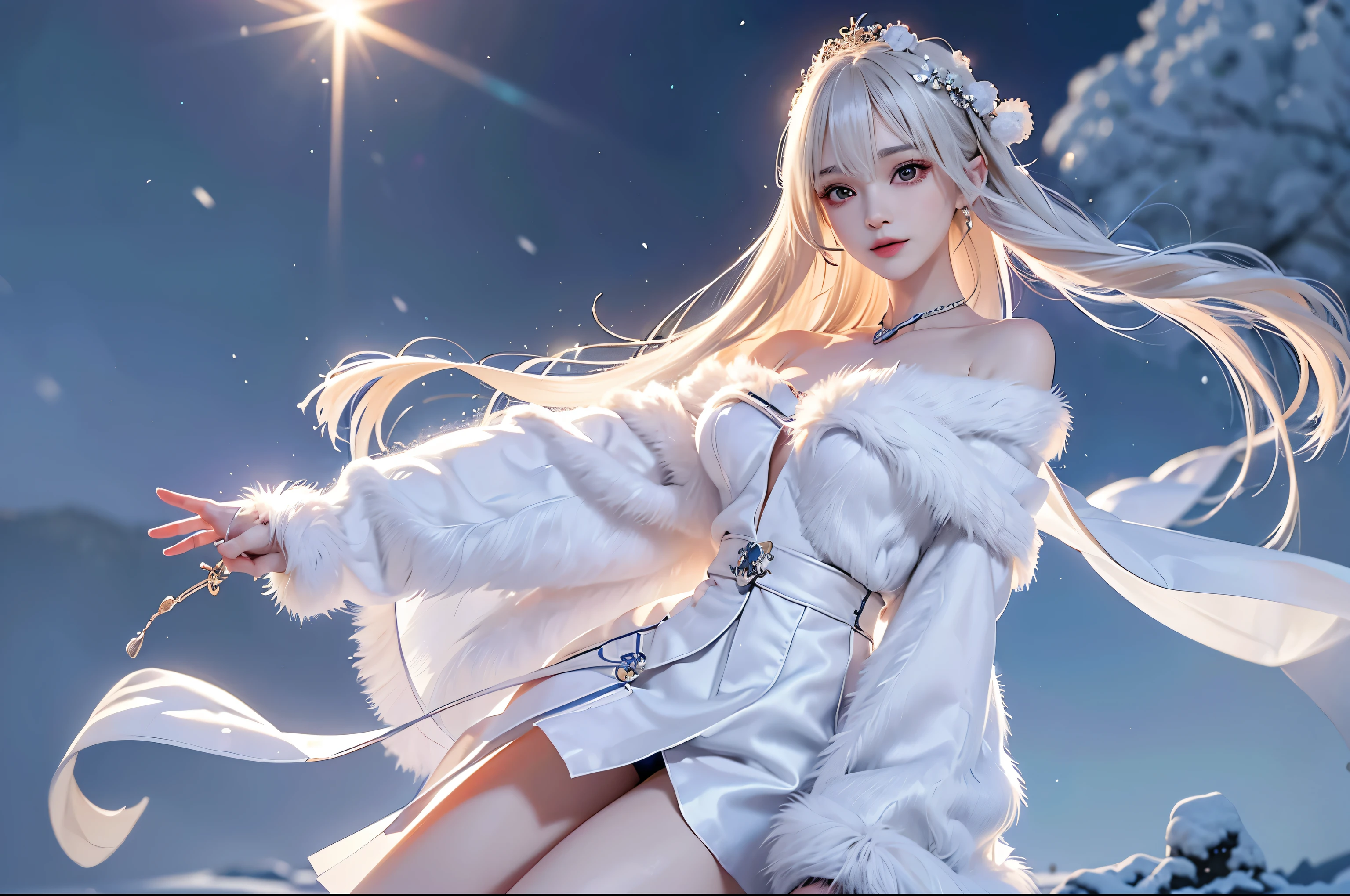 ((masterpiece:1.5、8k、Tabletop、Photorealistic and very detailed CG、Very detailed、Particle Effects、Dynamic Effects、Written boundary depth、Cinematic Light、Lens flare、Ray Tracing、Tabletop、Realistic:1.4、超A high resolution:1.2、Realistic、Realistic))((alone、,Woman wearing a fur coat over an off-the-shoulder sweater:1.4、Elegant woman posing:、Detailed face、brightexpression、young, bright, Whiter skin、medium beutiful breasts、Best Looks、Ultimate beauty、White hair with shiny highlights、Bright and shiny hair,、Super long, Silky straight hair、Hair dancing in the wind))(morning、The setting is outdoors in the snow、Crystal of snow)
