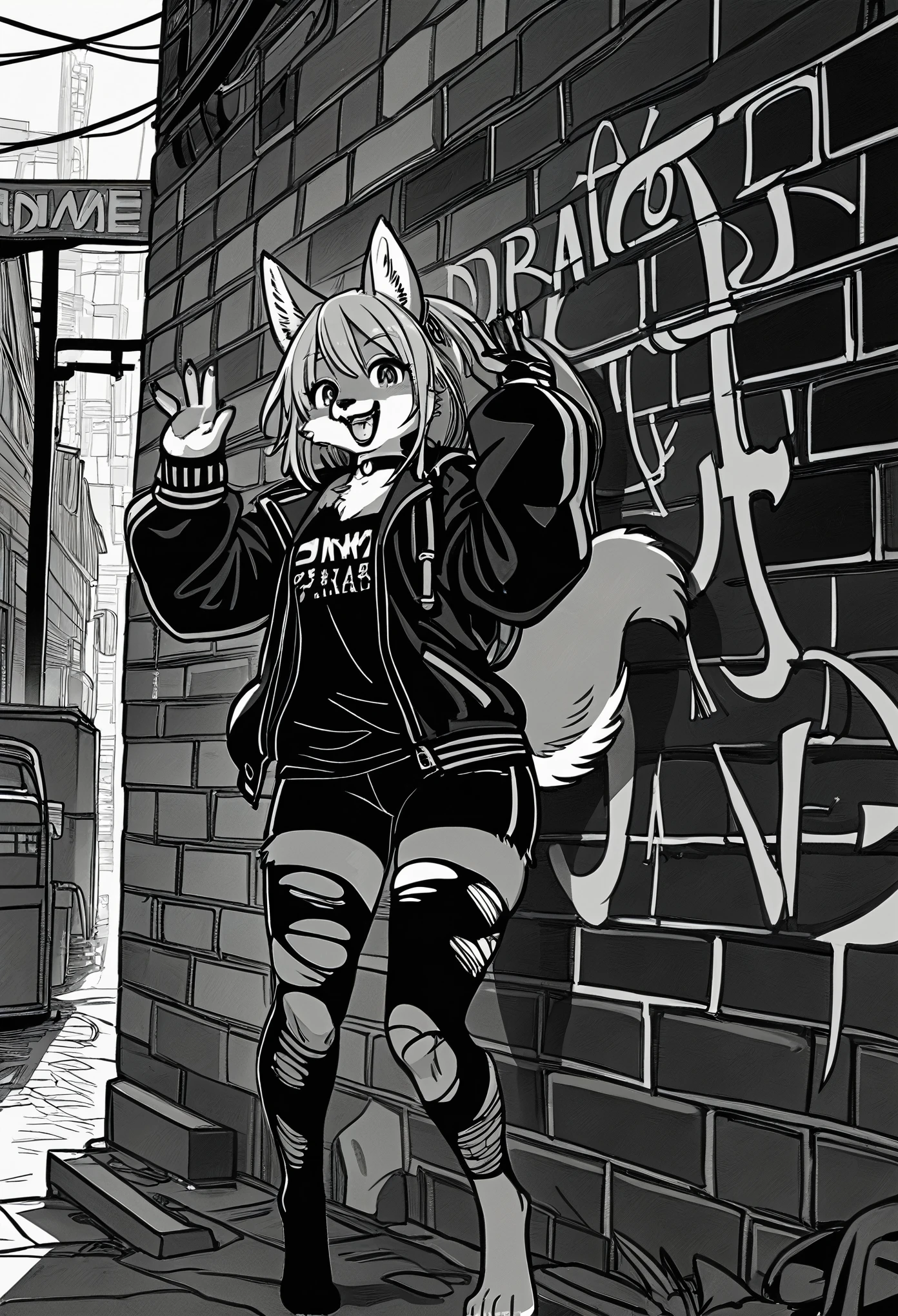 cover page, highres, top quality, best quality, paid reward available, unparalleled masterpiece, perfect artwork, absurdres, High-quality illustrations, laughing, perfect anatomy, lineart, monochrome, 1girl, kemono, furry, anthro, choker, shirt, torn legwear, open jacket, against wall, brick wall, graffiti, dim lighting, alley,